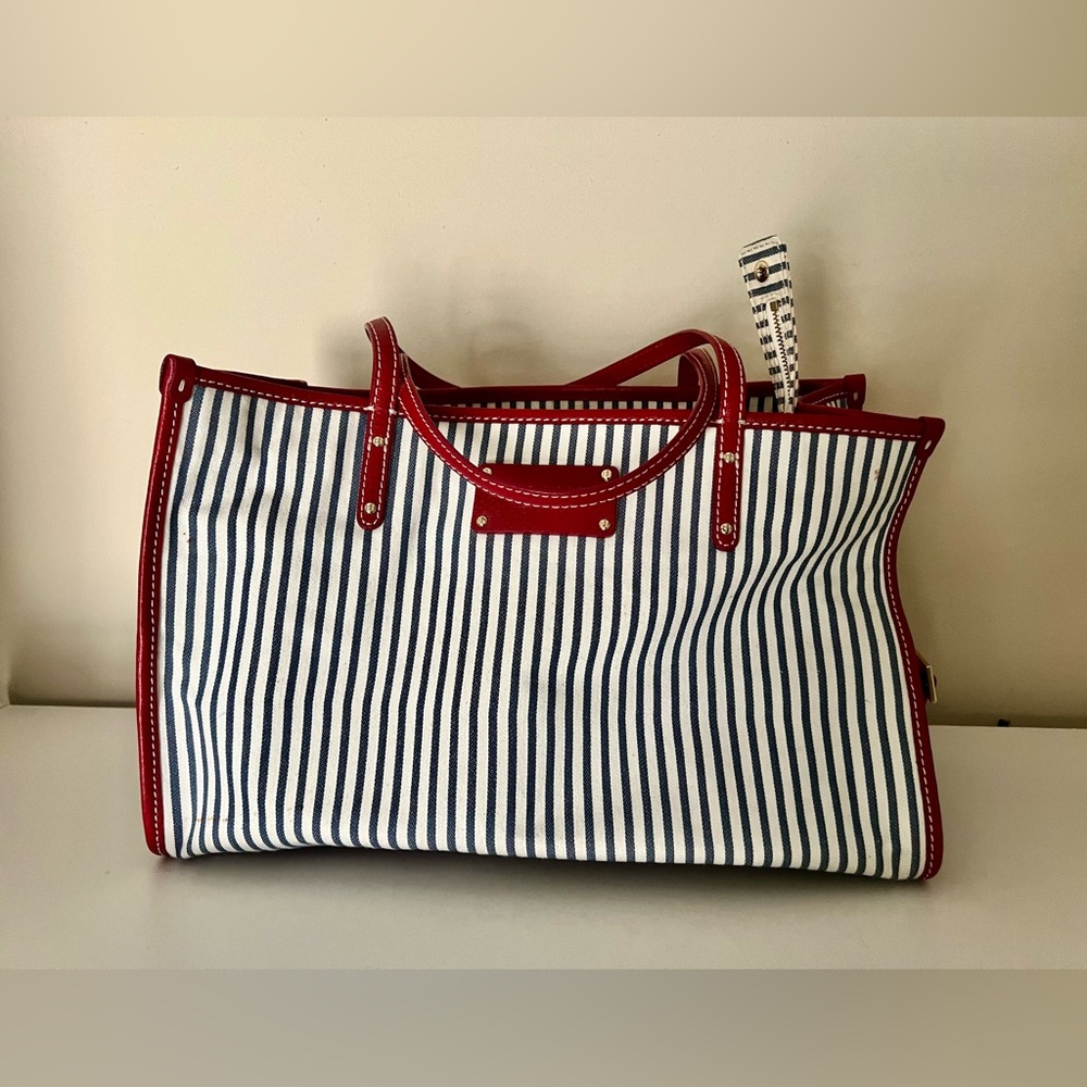 Kate Spade New York natural white and denim blue striped handbag